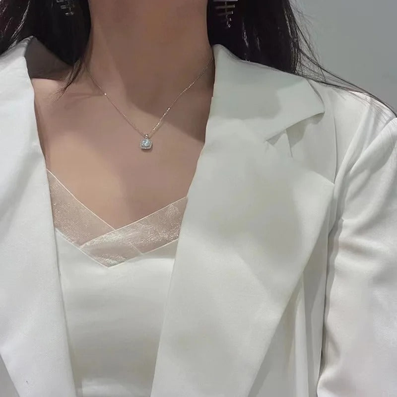 925 Sterling Silver Square Necklace Shiny Zircon Geometric Shape Pendant Simple Charm Women Choker Day Gift Fine Jewelry