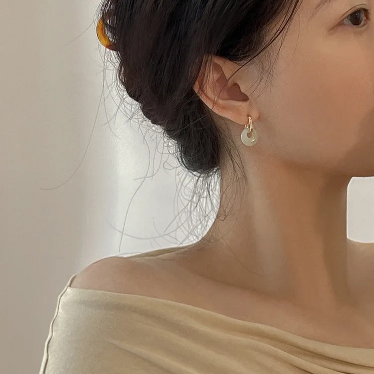 Sterling Silver Jade Geometry Hoop Earrings Women Versatile Jewelry