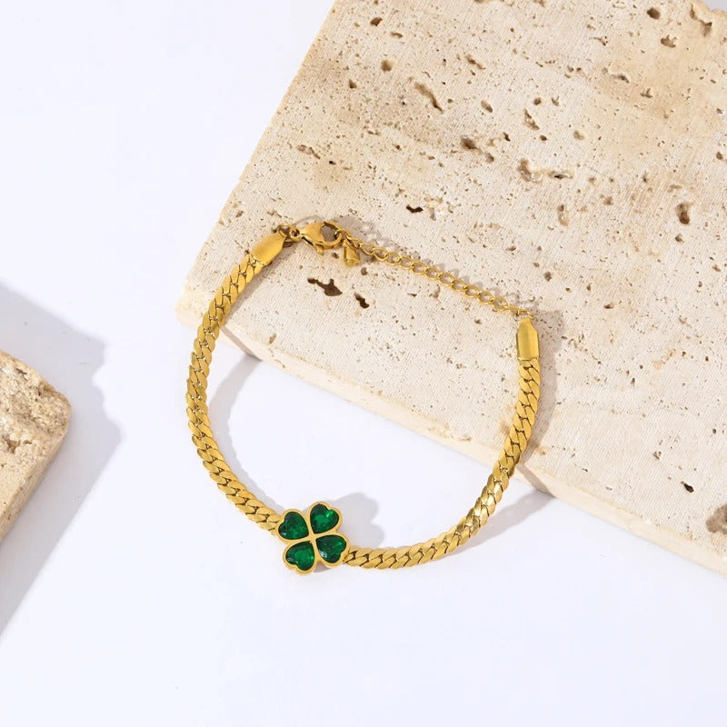 Green Crystal Clover Bracelet Bangle Stainless Steel Women Jewelry