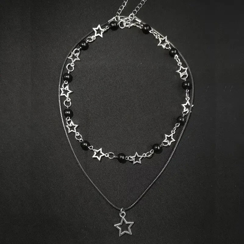 Fashion Double Layered Black Bead Star Choker Necklace Punk Pentagram Leather Rope Necklaces For Women Girls