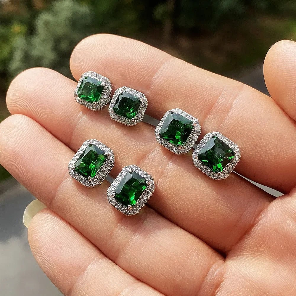 Women’s Emerald Green Square Earrings Double Stud 925 Silver Jewelry
