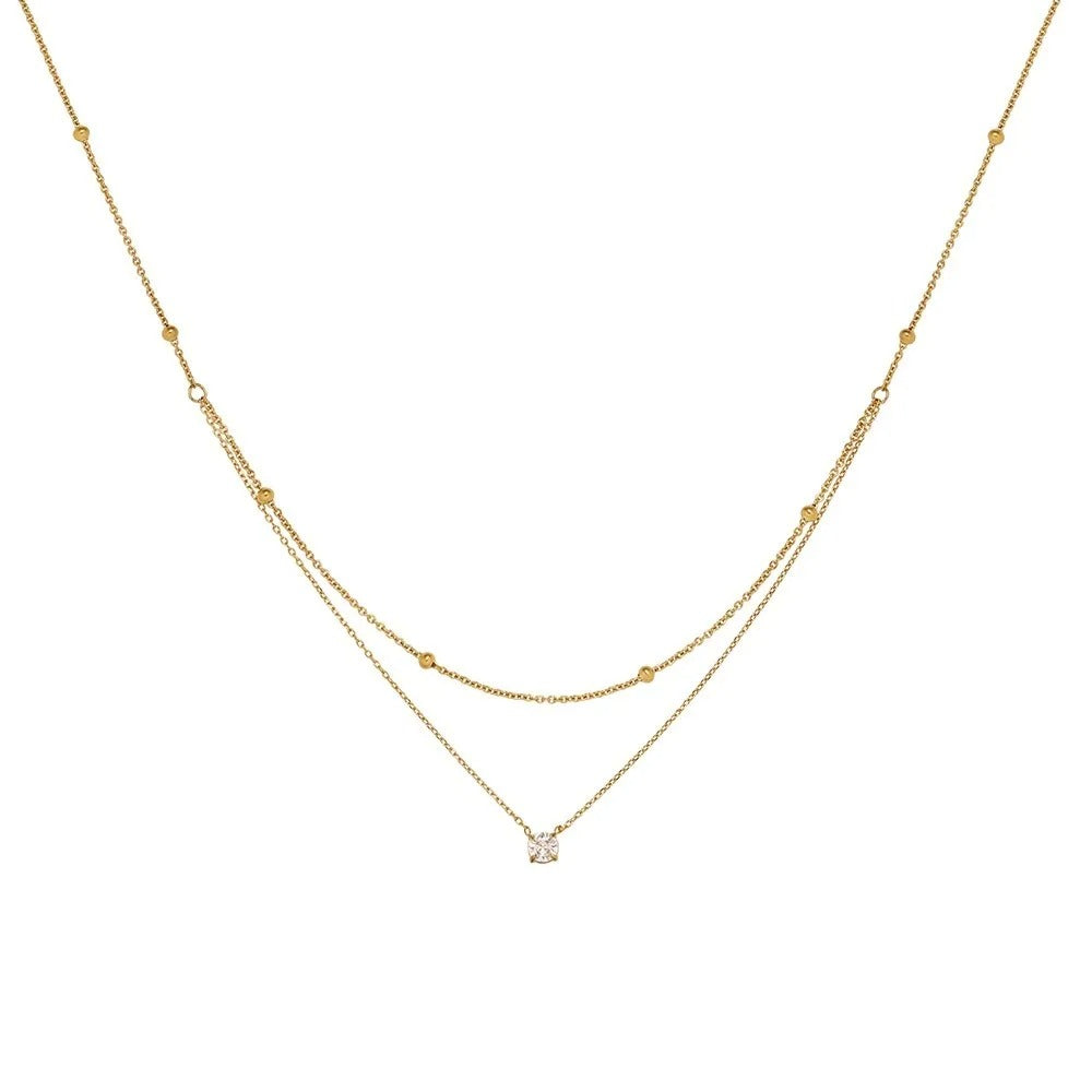 Stylish Shiny Zircon Double Layer Staniless Steel Waterproof Gold Plated Choker Necklace Stacked Fashion Jewelry Gift for Women