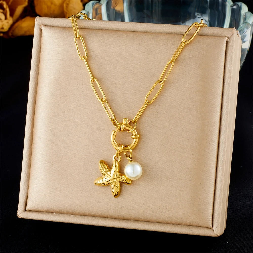 316L Stainless Steel Golden Ocean Style Starfish Pearl Pendant Necklace Lady New Summer Beach Neck Chain Jewelry Gift