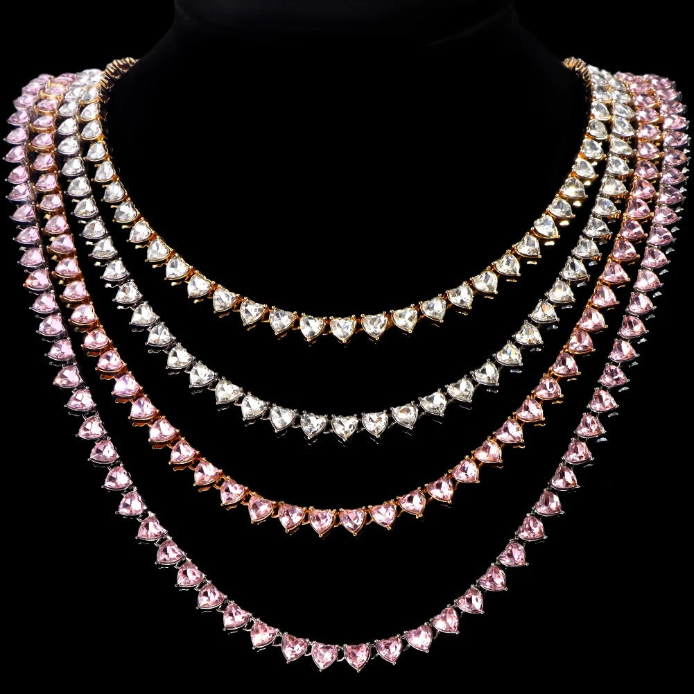 Women’s Iced Out Heart Crystal Tennis Chain Necklace Gold Silver Jewelry