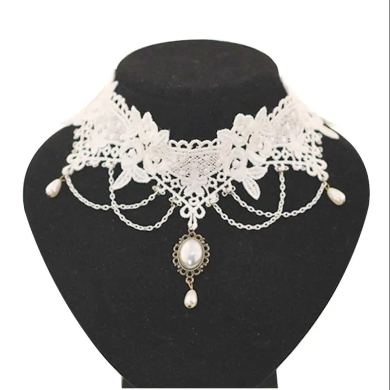 Imitation Pearl White Lace Choker Necklaces Bridal Jewelry Women Wedding tattoo Tassel Punk Style Lace Pendant Choker Necklace