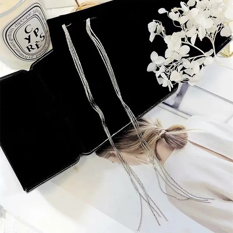 Long Silver Tassel Chain Earrings Exaggerated Dangle Metal Earrings for Women’s Party Fashion