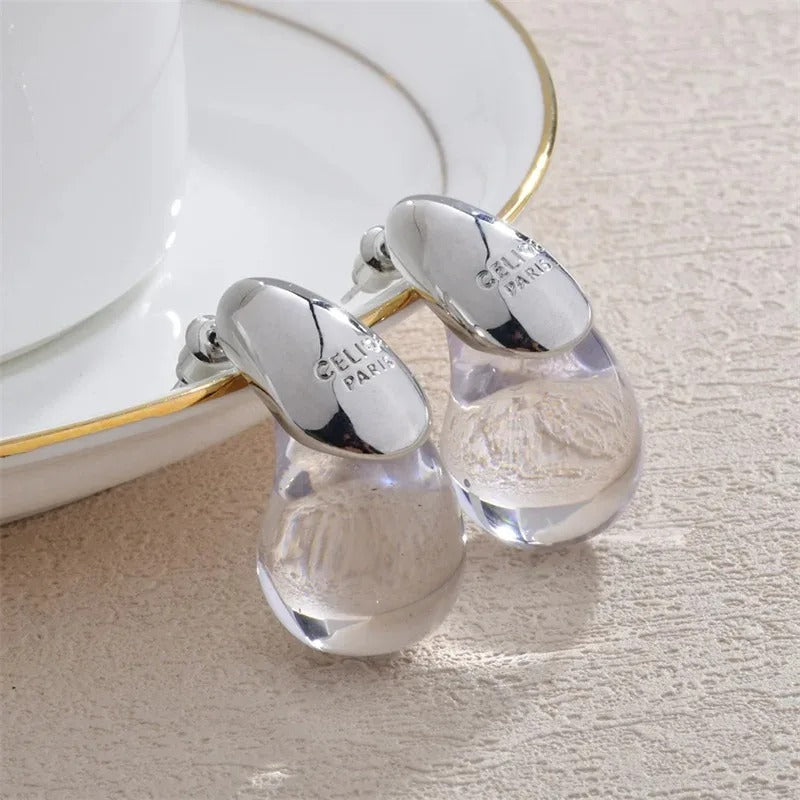 Water Drop Brown Resin Stud Earrings Vintage Dome Copper Gold Plated Earring for Women Girls Teardrop Ear Cuffs