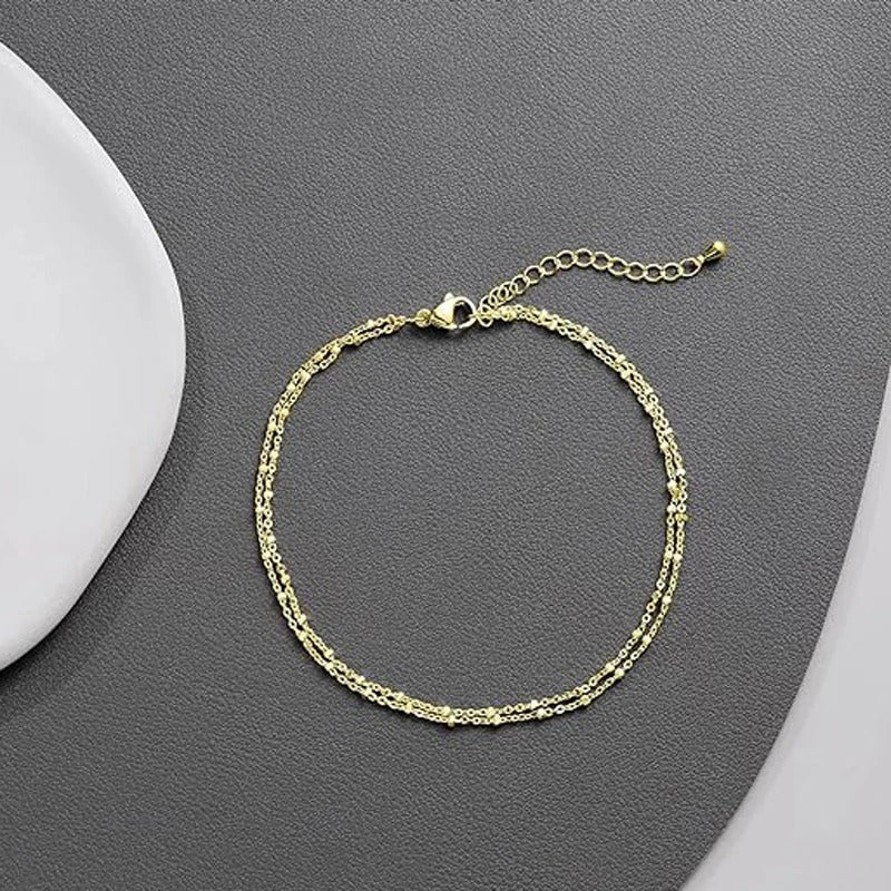 Waterproof Layered Beaded Anklet Bracelet Gold & Silver