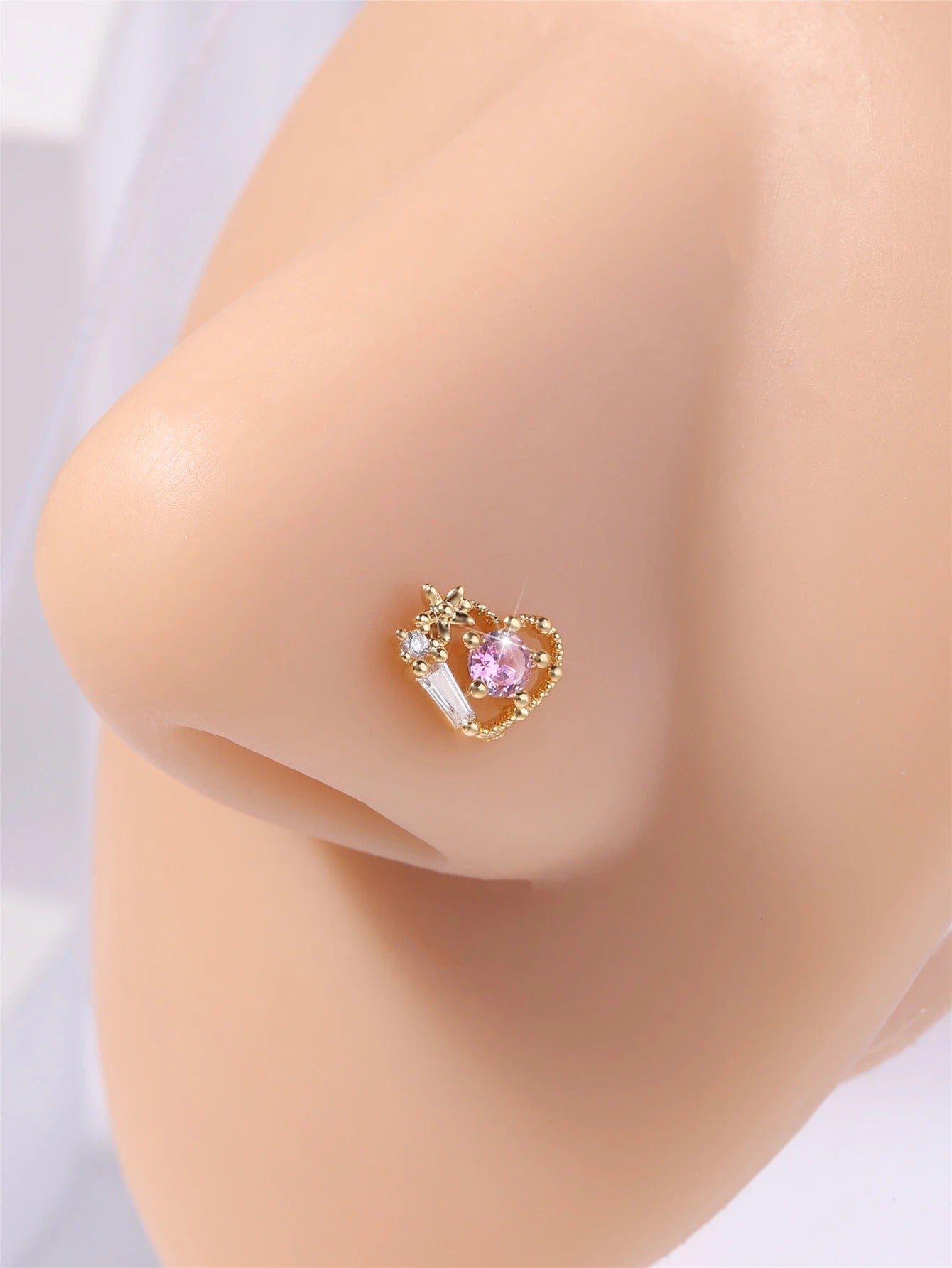 20G L Shaped Nose Studs Rings Cute Pink Heart CZ Shiny Love Stone Gold Silver Color Nose Piercing for Women Girl Nostril Jewelry