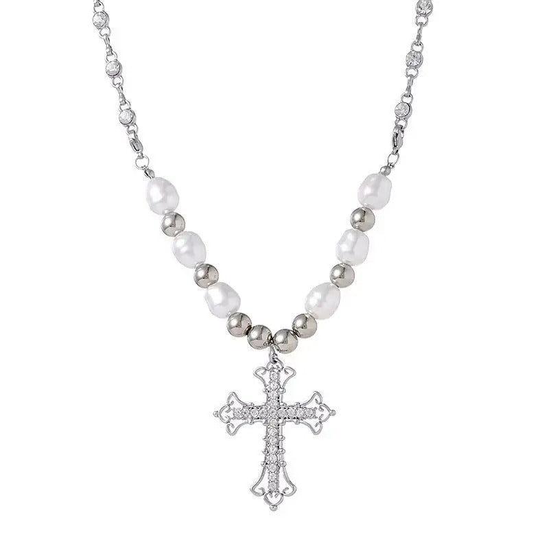 Pearl Cross Pendant Necklace Women Punk Retro Women Religious Zircon Chain Necklaces Girls Hip Hop Party Trendy Jewelry Gift