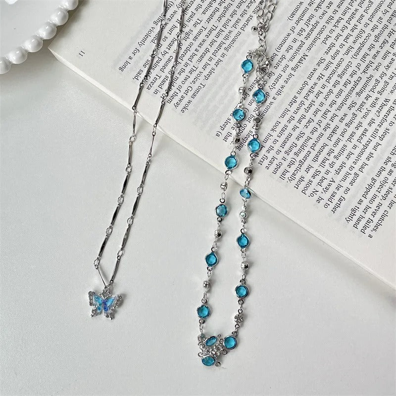 Blue Crystal Butterfly Necklace Women’s Bilayer Choker