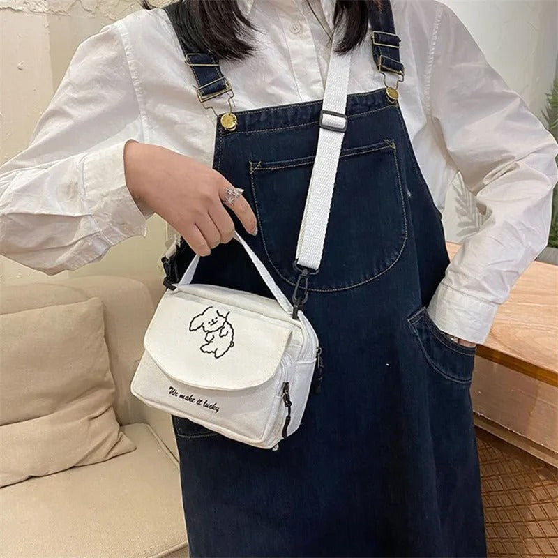 Cute Canvas Messenger Bag for Teen Girls Small Square Shoulder Bag with Cartoon Print
