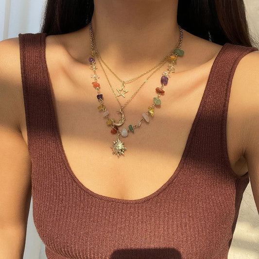 Retro Moon, Sun, Star Pendant Necklace 2025 Women's Multi layer Gold Color Metal Colored Stone Weaving Girls' Fashion Jewelry