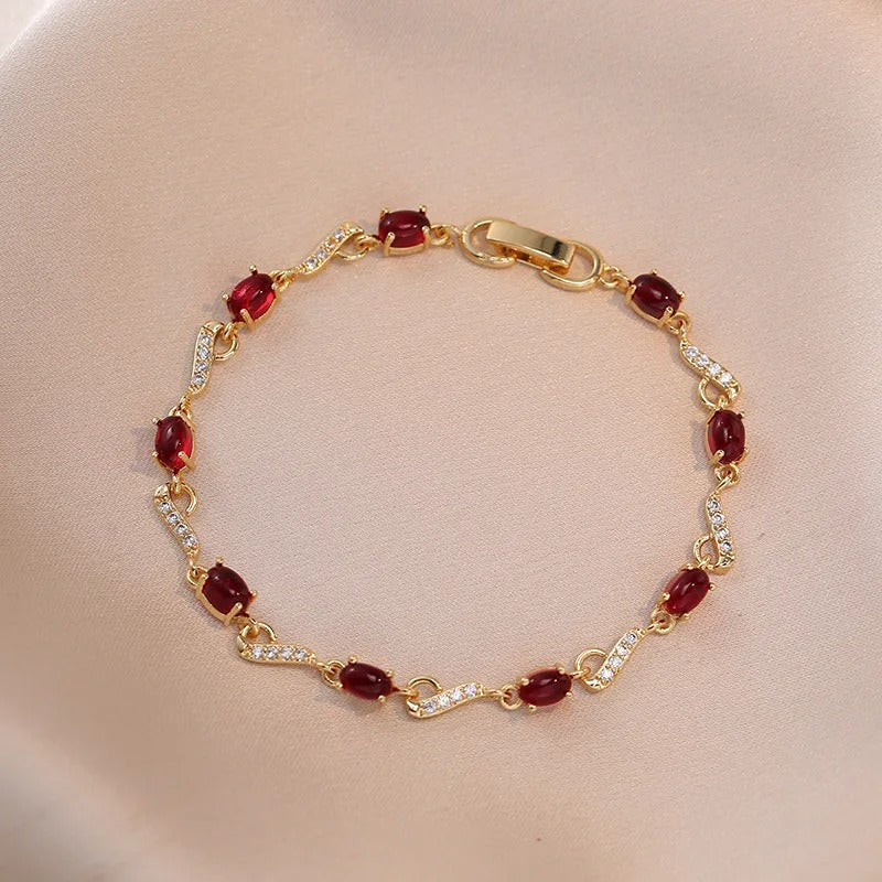 Bridal Red Stone Charm Bracelet Women Gold White Zircon Hand Chain