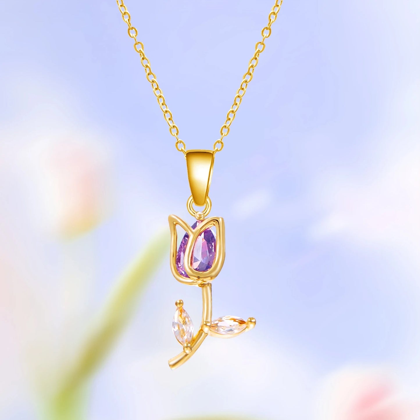 Light Luxury Zircon Tulip Flower Pendant Necklace for Women Elegant Stainless Steel Clavicle Chain Fashion Party Jewelry Gift