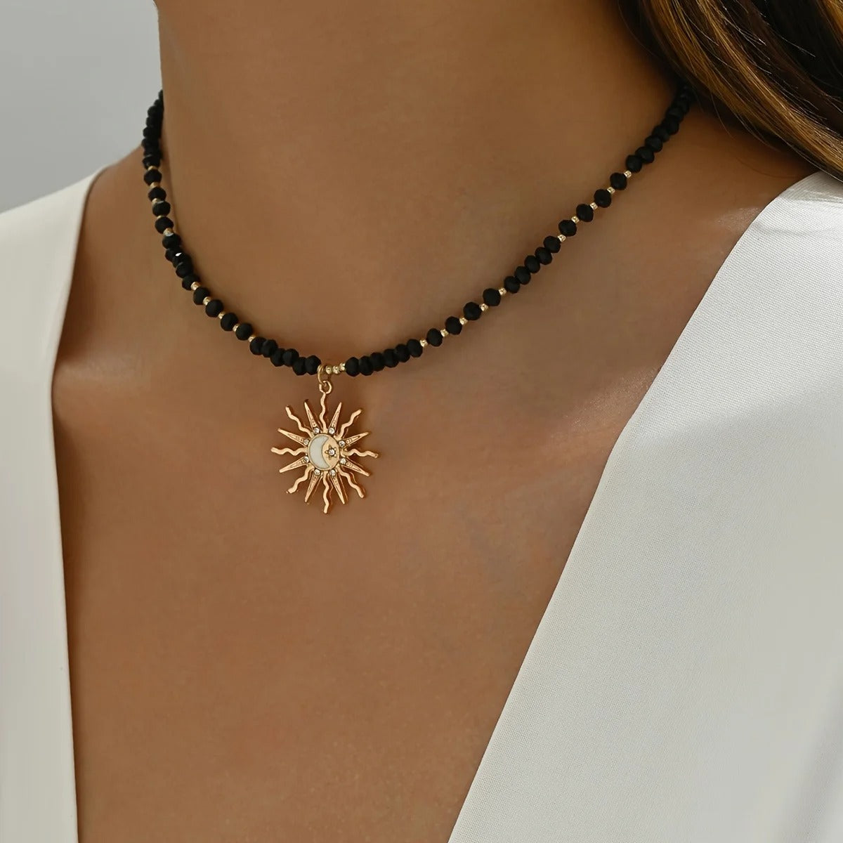 Vintage Golden-Toned Sun Pendant Necklace for Women Elegant Beads Chain Choker Neck Statement Party Jewelry Gifts