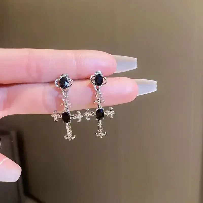 Trendy Black Cross Drop Earrings Women Gothic Punk Fashion Jewelry