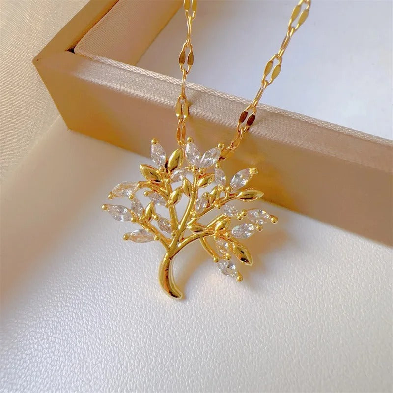 Fashionable and Gorgeous Micro Inlaid Stainless Steel Life Tree Necklace, Classic and Personalized Girl Party Lucky Gift