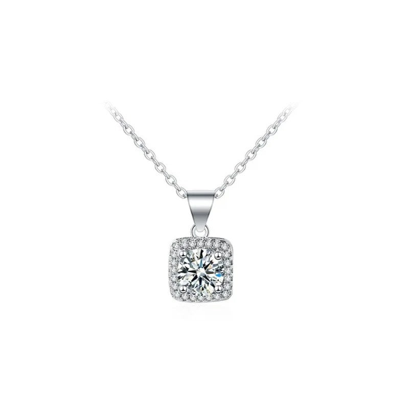 925 Sterling Silver Square Necklace Shiny Zircon Geometric Shape Pendant Simple Charm Women Choker Day Gift Fine Jewelry