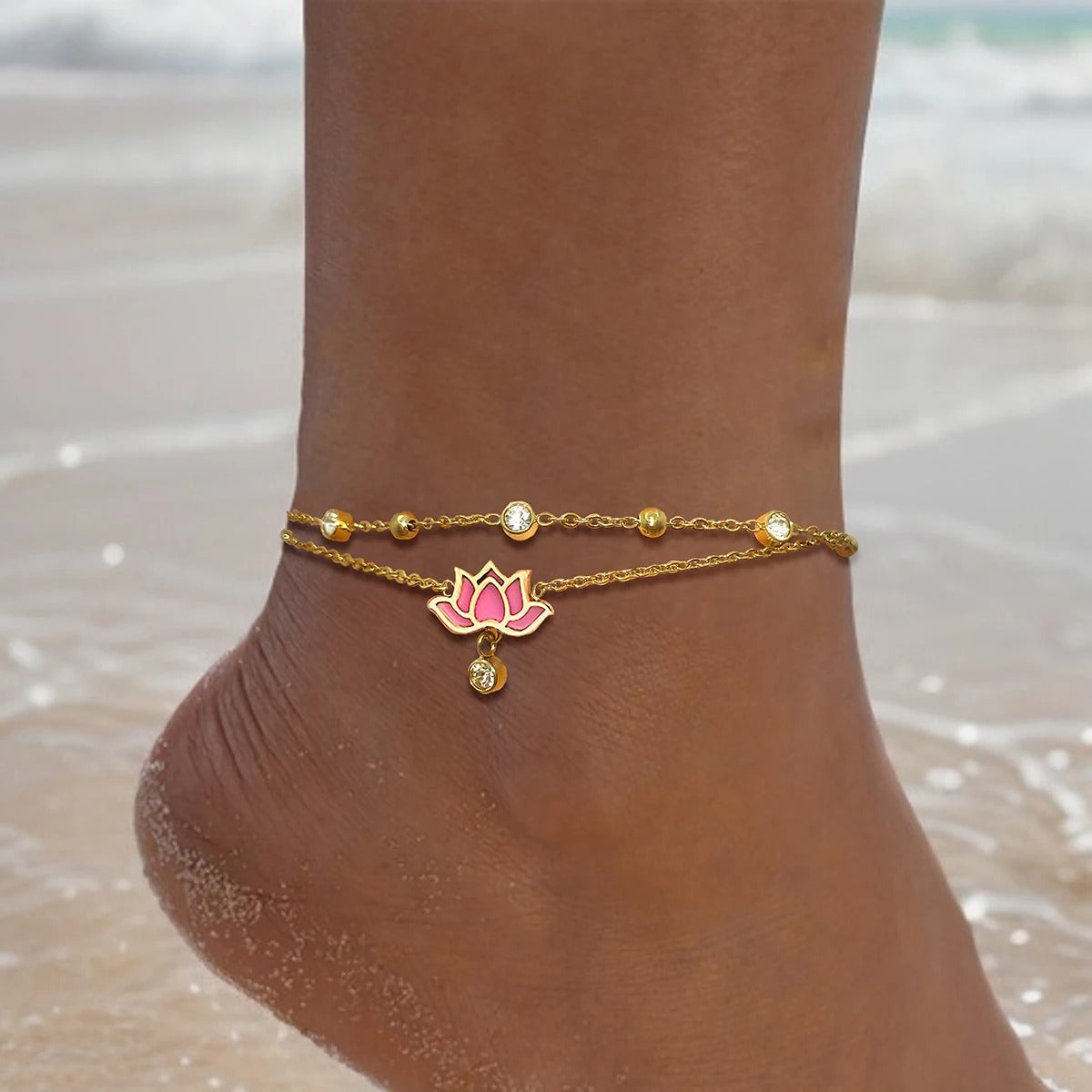Multi-Layer Zirconia Chain Anklet White & Pink Lotus Jewelry for Women