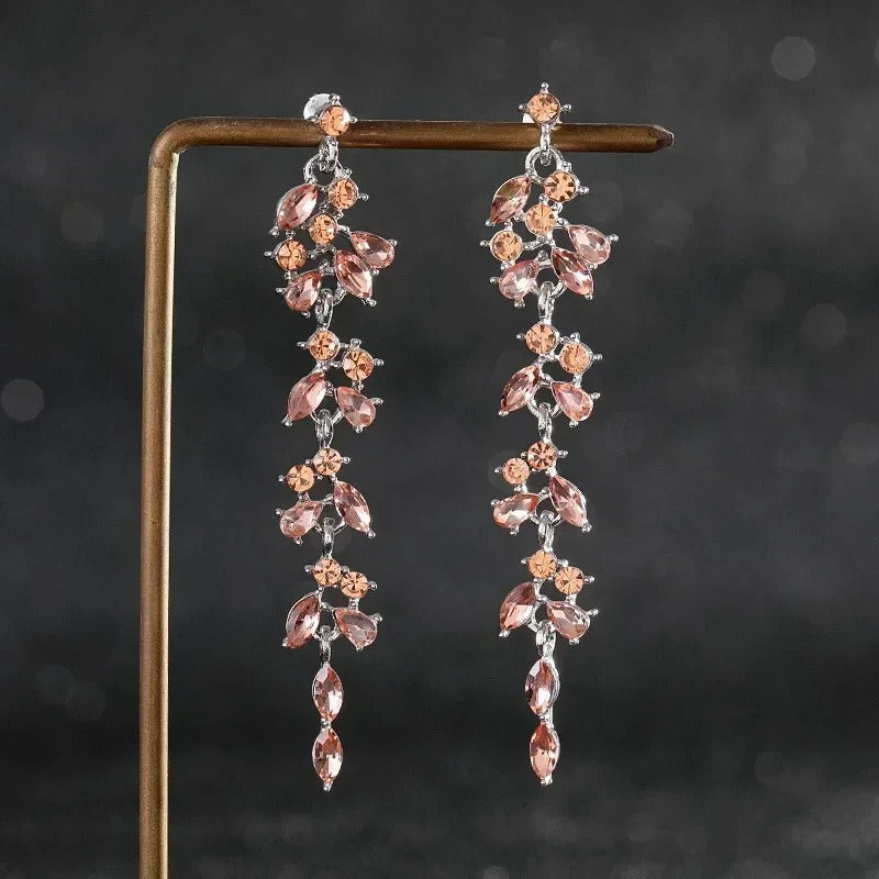 Long Tassel Dangle Earrings Women Rhinestone Geometric Leaf