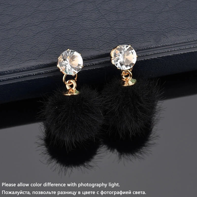 Boho Small Fluffy Ball Earrings Women’s Crystal Dangle Jewelry