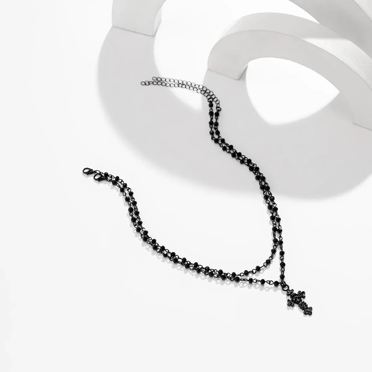 2Pcs/Set Gothic Black Cross Jesus Pendant Choker Necklace for Women Punk Vintage Metal Beads Chain Neck Jewelry Accessories