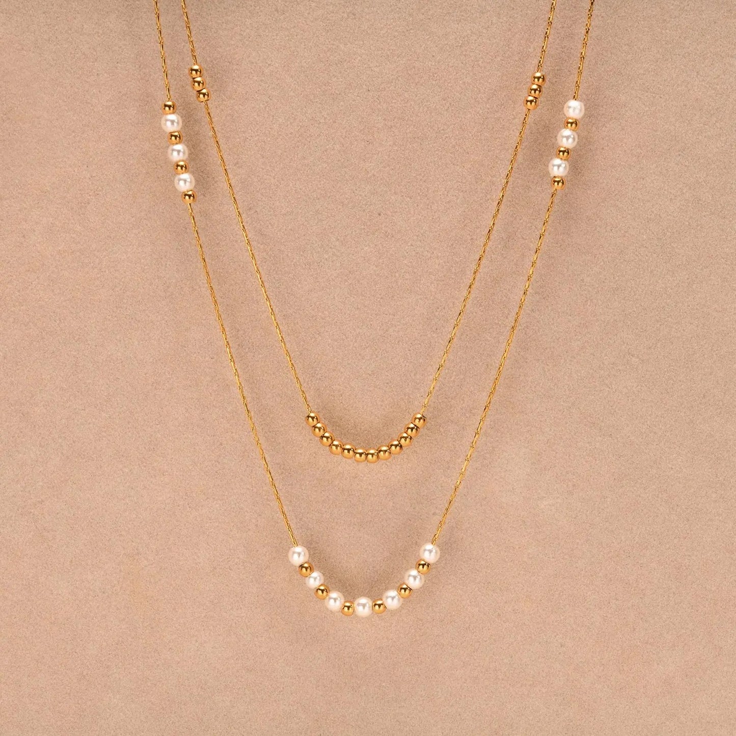 Elegant Double Layer Pearl Bead Necklace Stainless Steel Hammer Chain