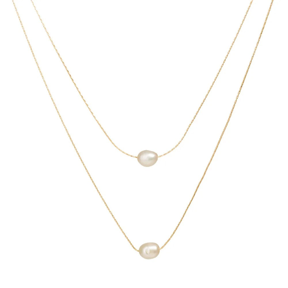 Stainless Steel New Fashion Exquisite Beaded Double Layer Imitation Pearl Chandel Chain Necklace and Stainless Steel Pendant