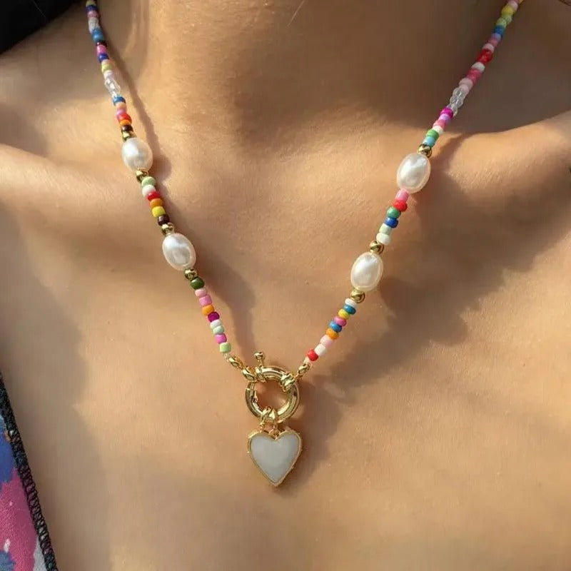 Colorful Beads Chain Fashion Necklaces White Heart Pendant Jewelry For Women Valentine's Accessories