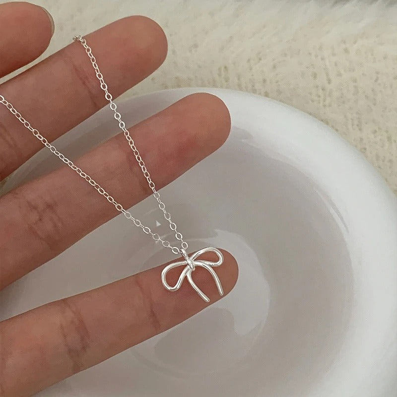 925 Sterling Silver Cute Bowknot Pendant Necklace For Women Girl Charm Chain Fashion Jewelry Accessories