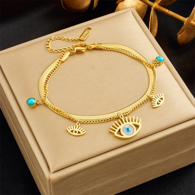 DIEYURO 316L Stainless Steel 2-Color Multilayer Retro Eyes Charm Bracelet For Women Girl New Waterproof Jewelry Gift Party