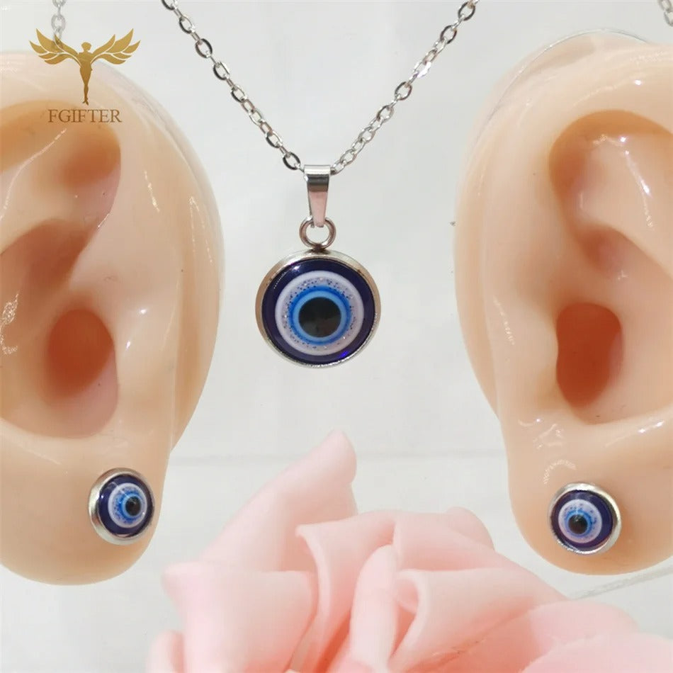 Turkey Evil Eye Jewelry Set Blue Resin Necklace & Stud Earrings