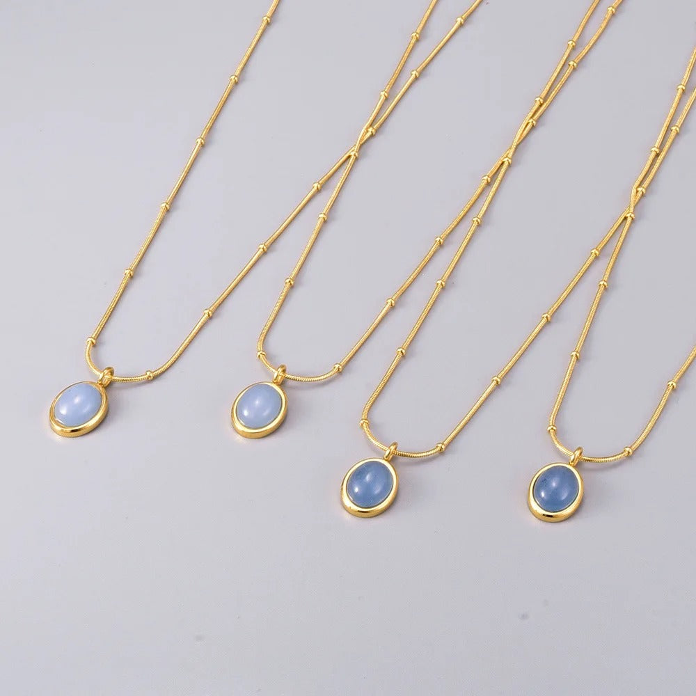 Star Sea Blue Oval Aquamarine Necklace collarbone Chain stainless steel plated 18K gold