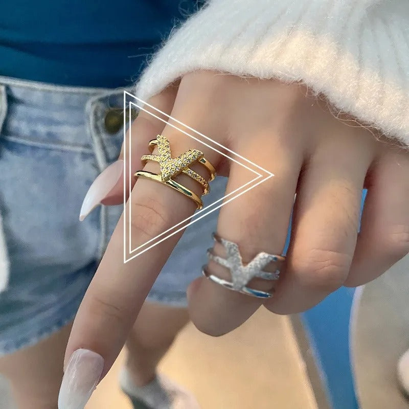 LIVVY Fashion Silver Color V-shape Three-layer Zircon Adjustable Rings For Woman Fashion High-end Trend Jewelry Accessories