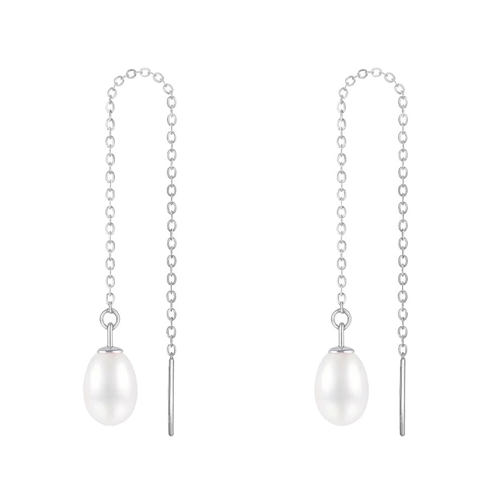 Tempusort 925 Sterling Silver Freshwater Pearl Chain Threader Earrings for Women Elegant Drop Fashion Jewelry