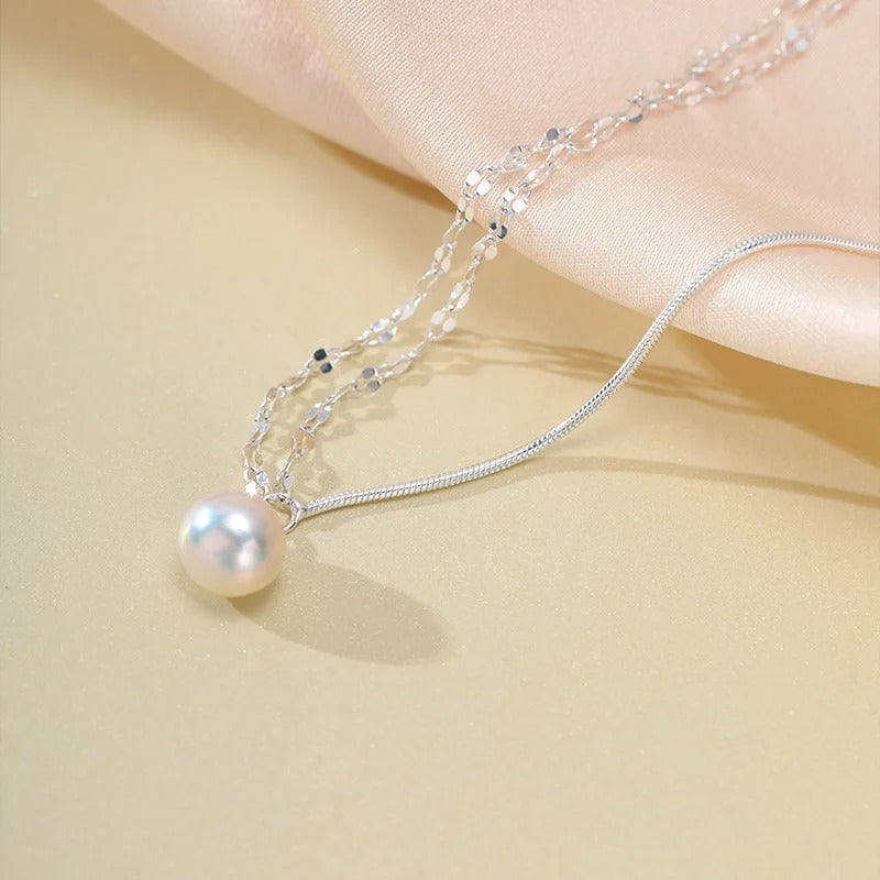925 Silver Double Layer Pearl Necklace Women Asymmetrical Chain