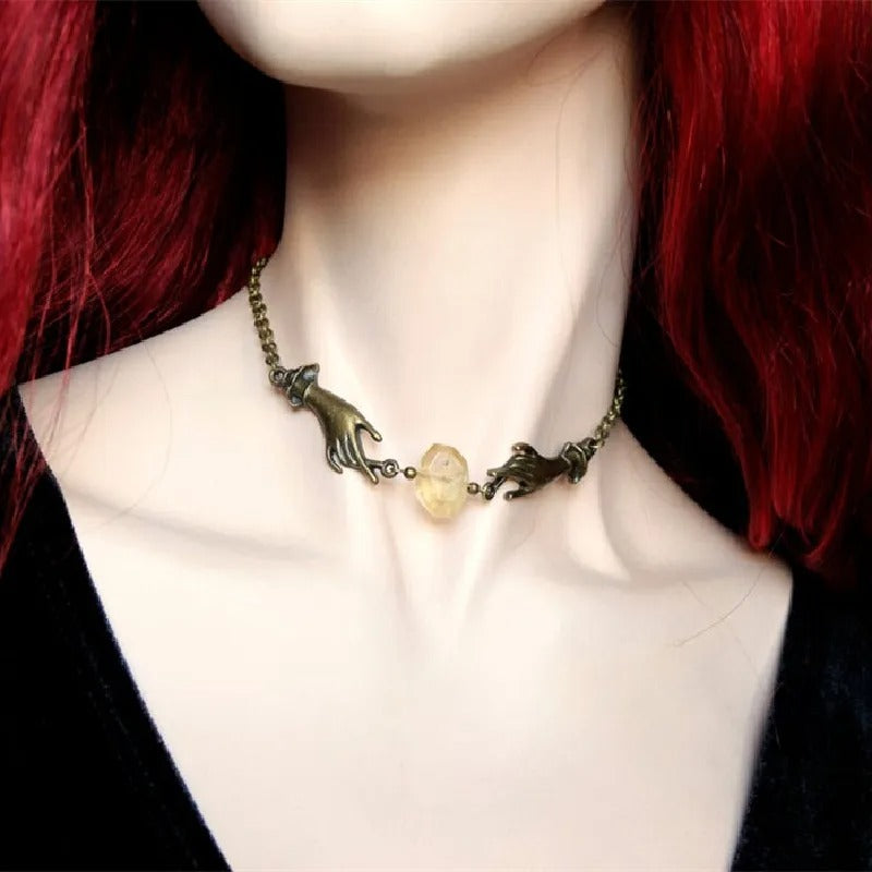 Witchy Chain Choker Hands Necklace Jewelry Magical Bronze Hands Yellow Druzy Citrine Stone Fashion Women Gift Pendant Statement