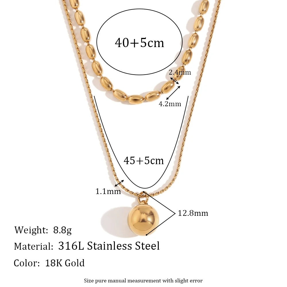 E.B.belle Simple Double-layer Rice bead Pendant Necklace 316L Stainless Steel Decoration 18K Gold Plated Jewelry