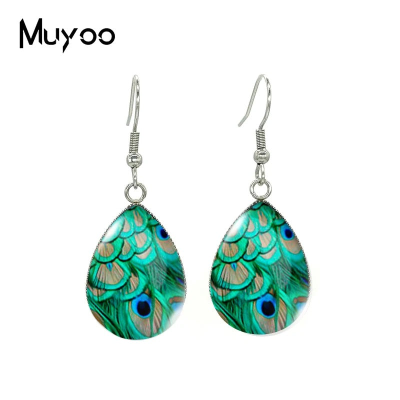 Peacock Design Teardrop Earrings Glass Pendant Earrings