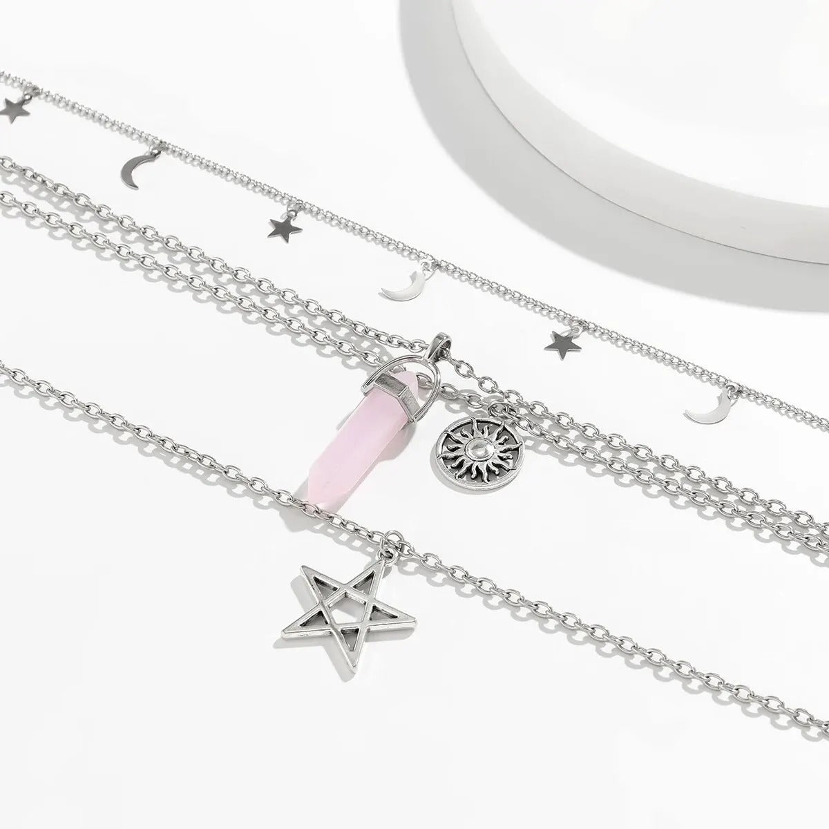 4Pcs Ethnic Pink Crystal Star Pentagram Pendant Choker Necklace for Women Elegant Moon Tassel Chain Party Jewelry Accessories