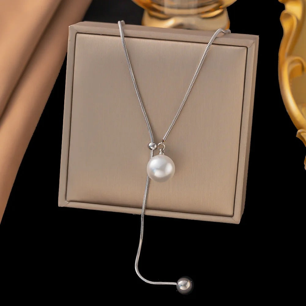 316L Stainless Steel Pearl Minimalist Pendant Necklace For Women Adjustable Slider Clasp Rope Chain Jewelry Party Gift