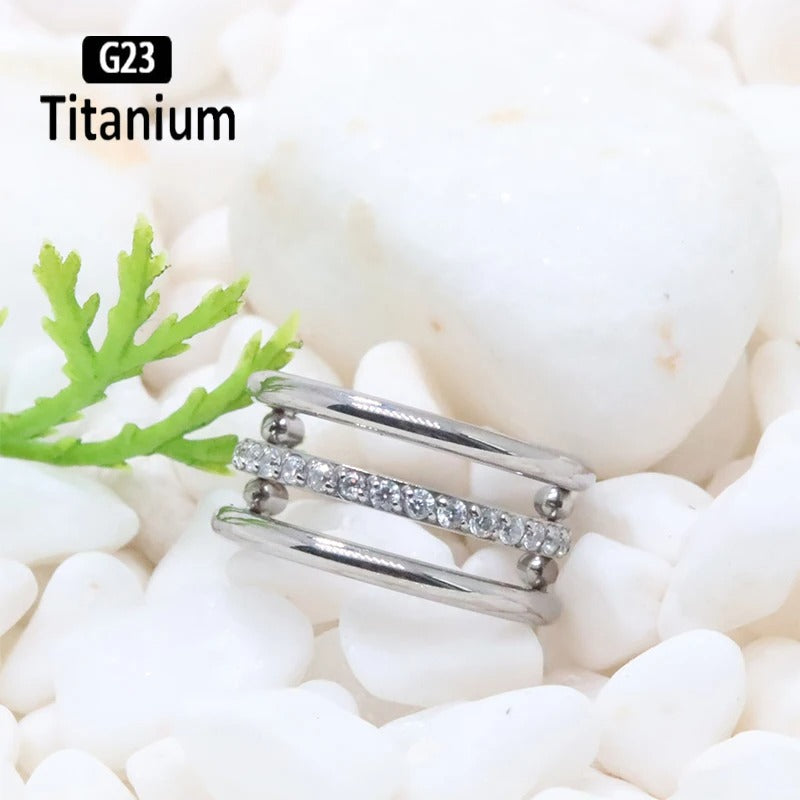 G23 Titanium 3-Row Zircon Hoop Clicker Nose Septum Tragus Helix Cartilage Lip Piercing Jewelry.