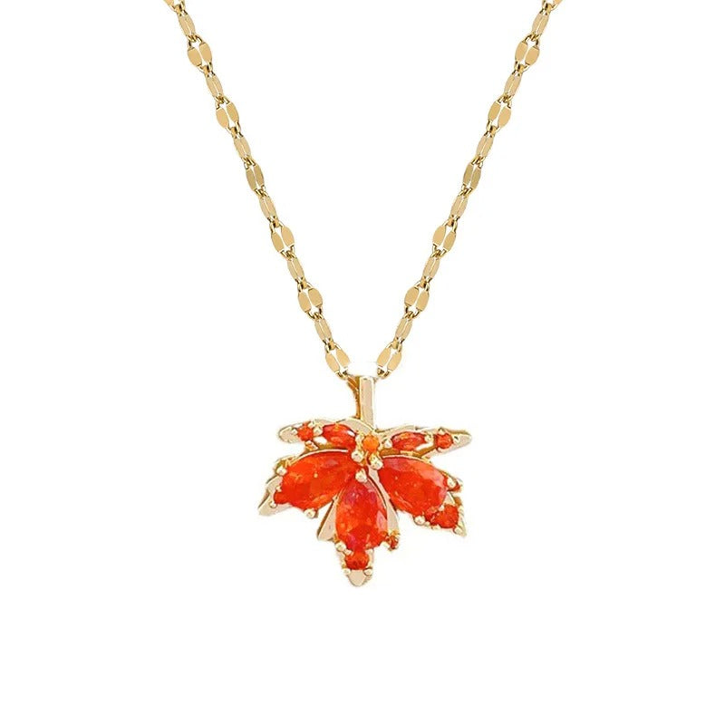 316L Stainless Steel Red Maple Leaf Crystal Pendant Necklace For Women Girl New Trend Clavicle Chain Jewelry Gift Party