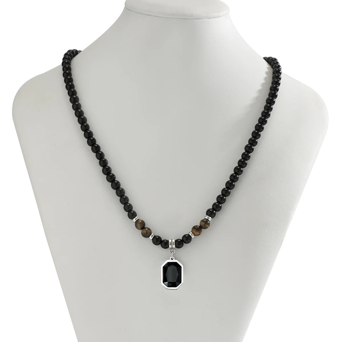 Salircon Simple Black Tiger Stone Beaded Clavicle Necklace Punk Geometric Stainless Steel Pendant Choker For Men Casual Jewelry