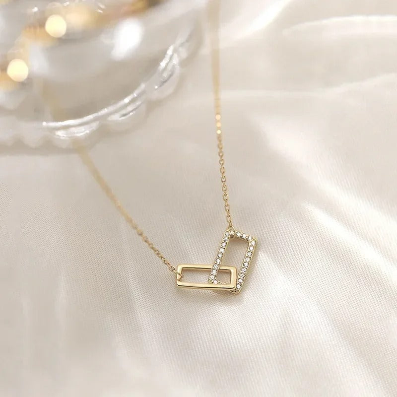 New 925 Sterling Silver Geometric Necklace Shiny Rectangle Pendant Set with Cubic Zirconia Necklace for Girls Fine Jewelry