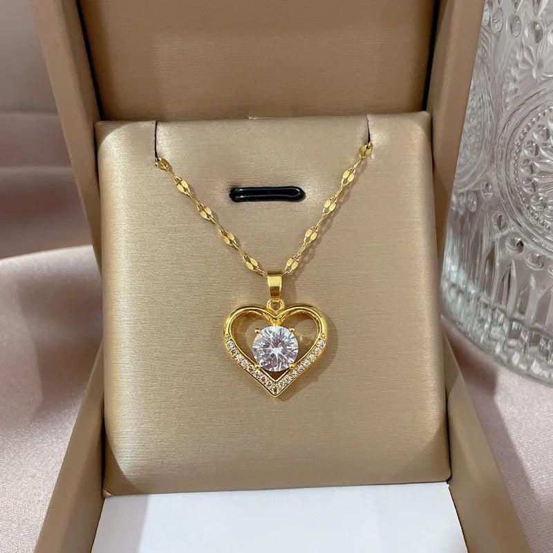 Heart Pendant Necklace with Gems Gold Stainless Steel for Women