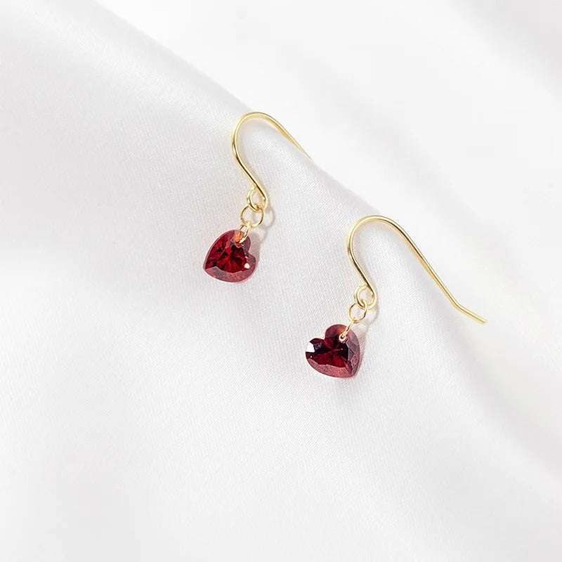Exquisite Pomegranate Wine Red Zircon Love Heart Dangle Earrings For Women Simple Desin Gold Color Ear Hook Party Jewelry N717
