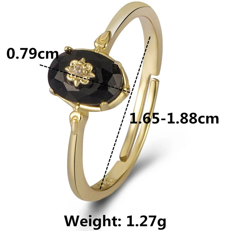 Real 925 Sterling Silver 18k Gold Plating Synthetic black agate Open Ring For Women vintage Light Luxury Fine Jewelry