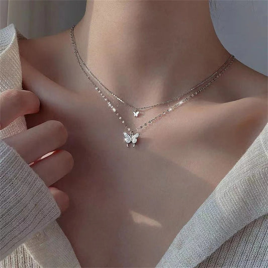 New Shiny Butterfly Necklace Ladies Exquisite Double Layer Chain Necklace Jewelry for Ladies Gift